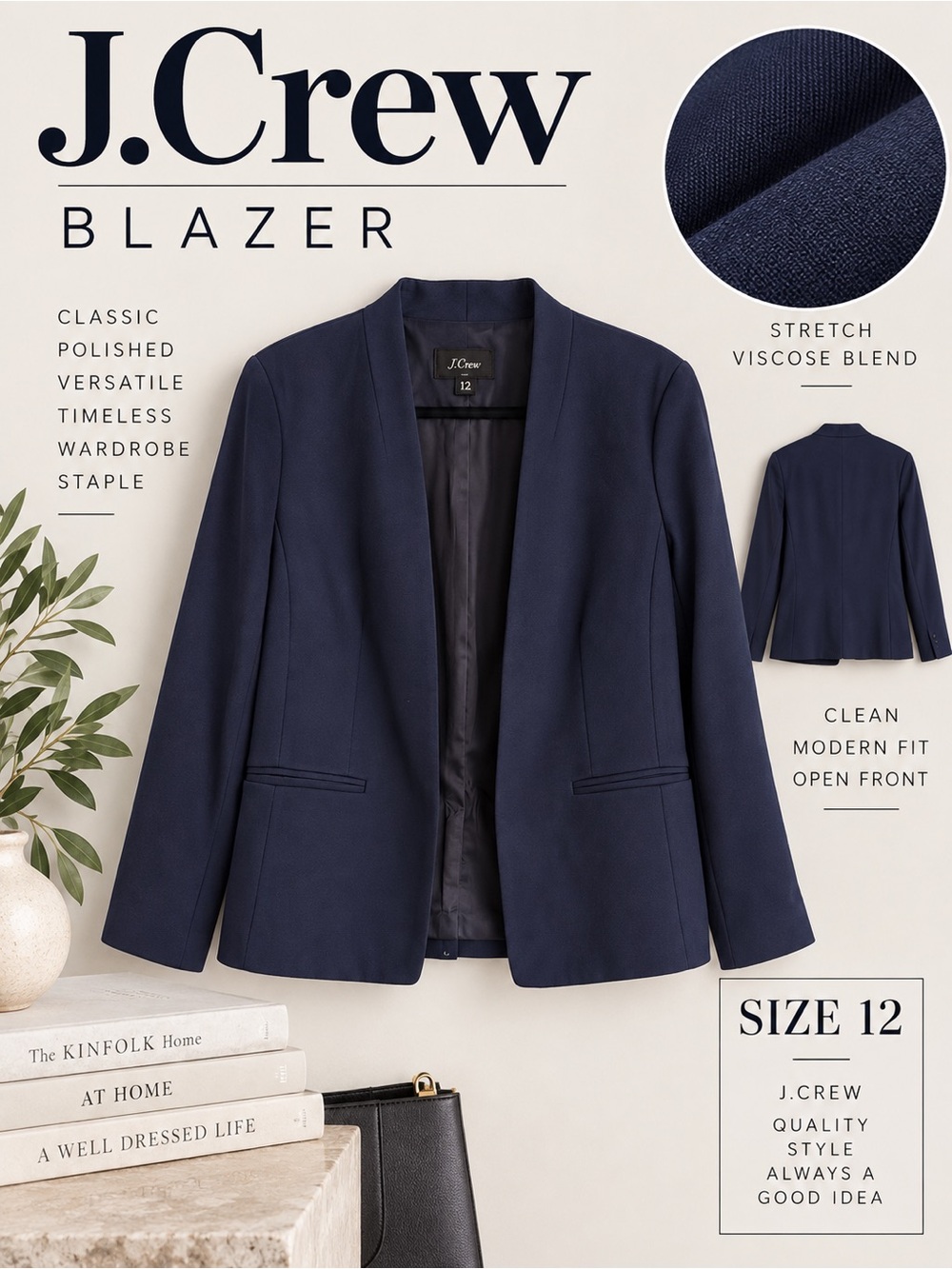 J. Crew Navy Open Front Blazer Size 12 Stretch Viscose Career Jacket